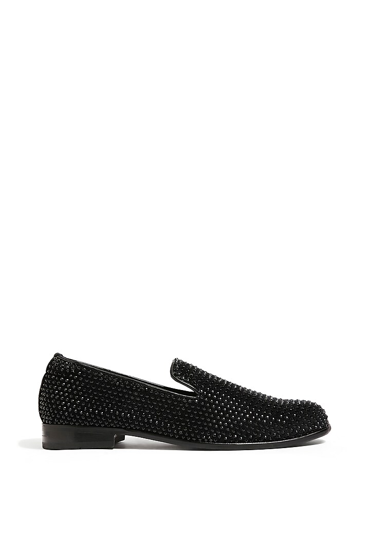 Black Velvet Crystal Hand Embroidered Loafers by ASUKA at Pernia's Pop Up Shop