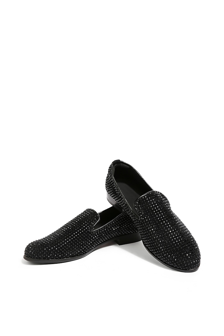 Black Velvet Crystal Hand Embroidered Loafers by ASUKA at Pernia's Pop Up Shop