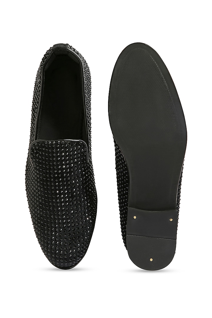 Black Velvet Crystal Hand Embroidered Loafers by ASUKA at Pernia's Pop Up Shop