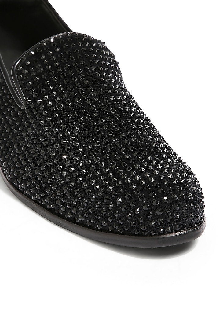 Black Velvet Crystal Hand Embroidered Loafers by ASUKA at Pernia's Pop Up Shop