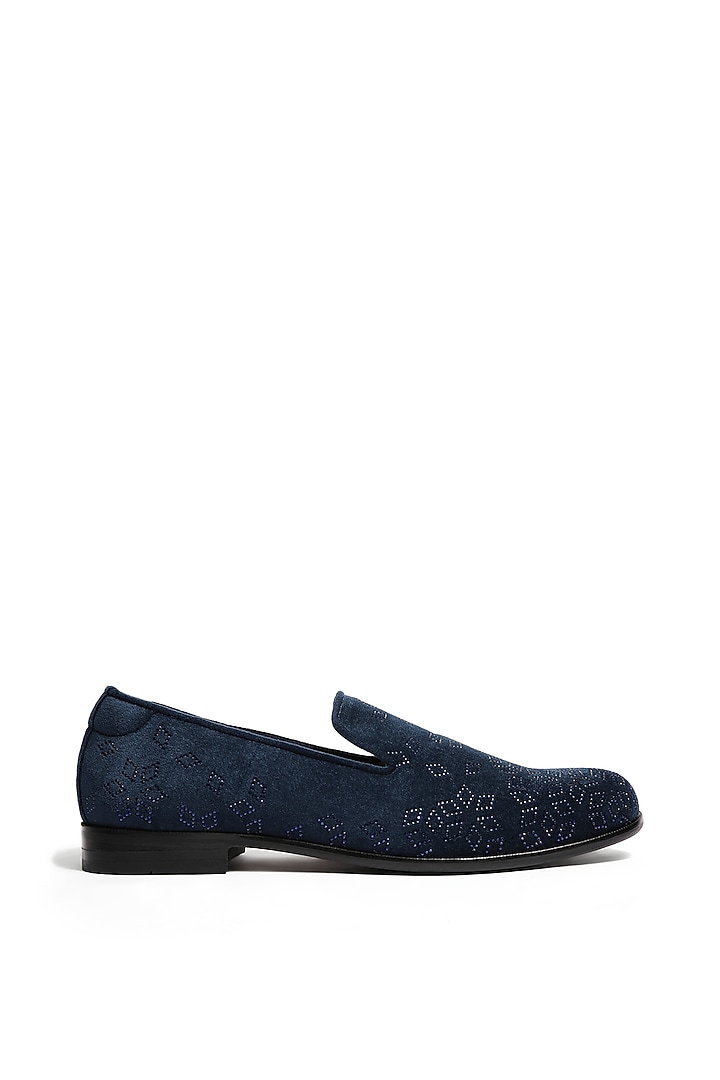 Navy Blue Velvet Crystal Hand Embroidered Loafers by ASUKA at Pernia's Pop Up Shop