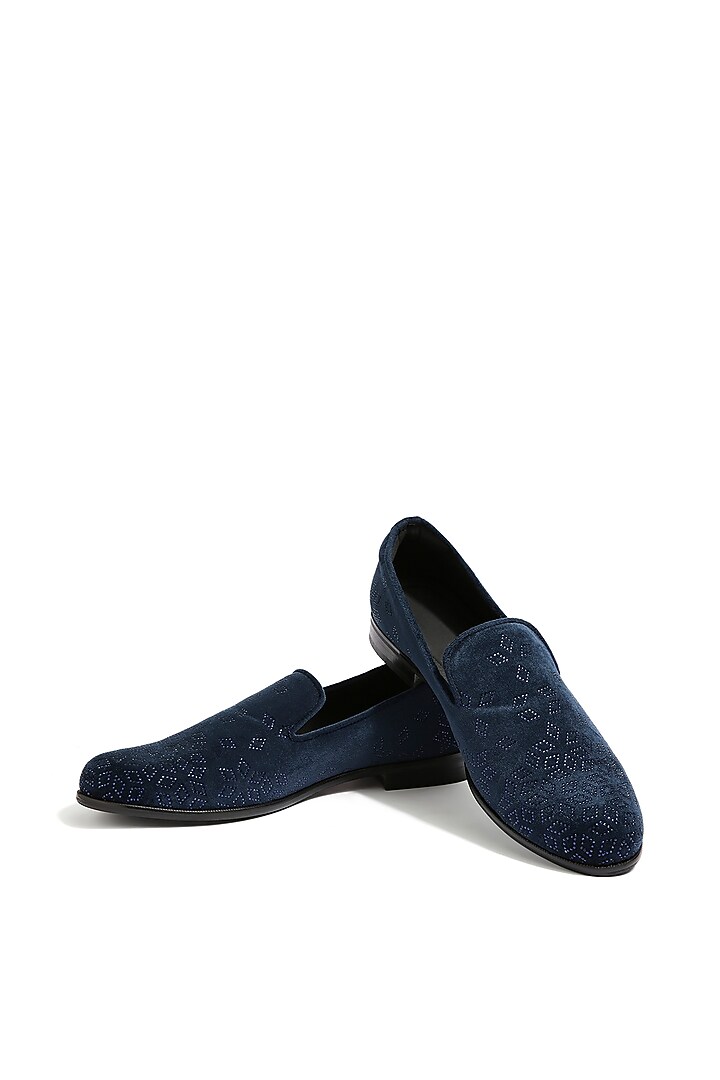 Navy Blue Velvet Crystal Hand Embroidered Loafers by ASUKA at Pernia's Pop Up Shop