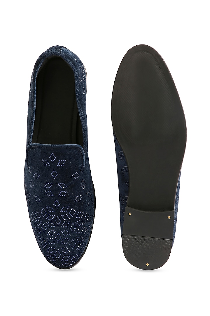 Navy Blue Velvet Crystal Hand Embroidered Loafers by ASUKA at Pernia's Pop Up Shop