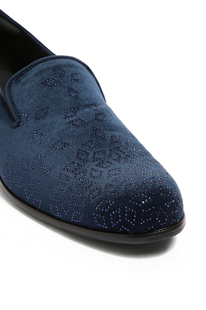 Navy Blue Velvet Crystal Hand Embroidered Loafers by ASUKA at Pernia's Pop Up Shop