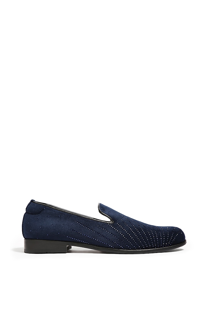 Deep Navy Blue Velvet Crystal Hand Embroidered Shoes by ASUKA at Pernia's Pop Up Shop