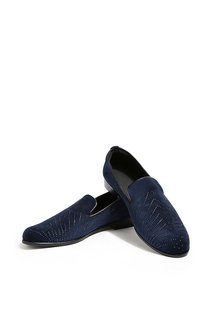 Deep Navy Blue Velvet Crystal Hand Embroidered Shoes by ASUKA at Pernia's Pop Up Shop