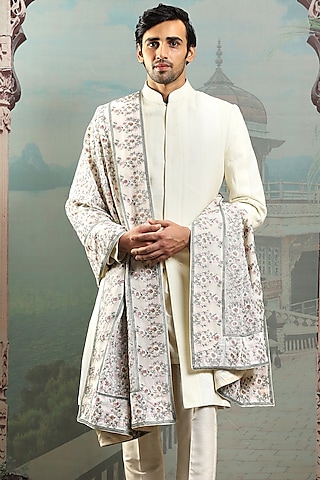 Ivory Silk Floral Embroidered Stole by ASUKA