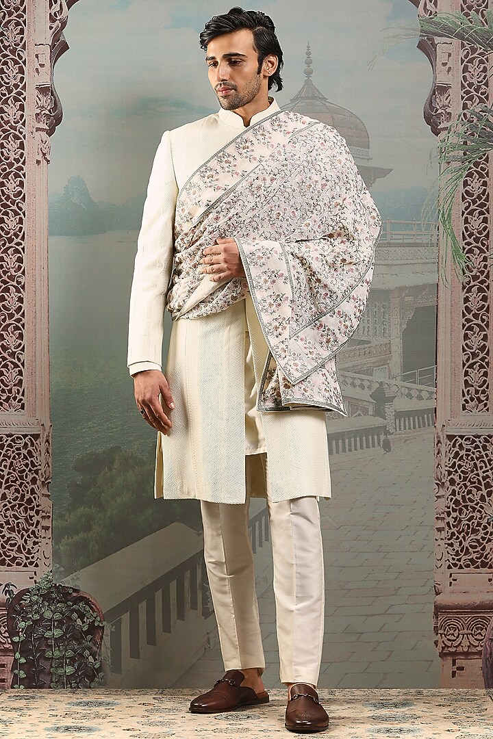 Ivory Silk Floral Embroidered Stole by ASUKA at Pernia's Pop Up Shop