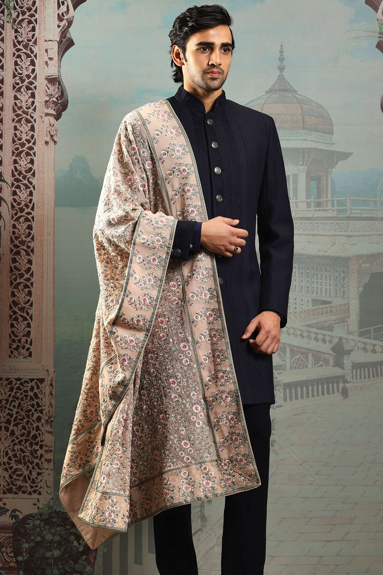 Brown Silk Floral Embroidered Stole by ASUKA