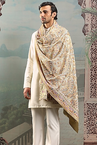 Ivory Silk Floral Embroidered Stole by ASUKA