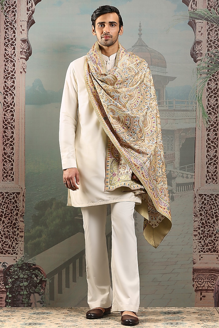 Ivory Silk Floral Embroidered Stole by ASUKA at Pernia's Pop Up Shop