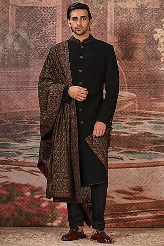 Black Silk Embroidered Stole by ASUKA