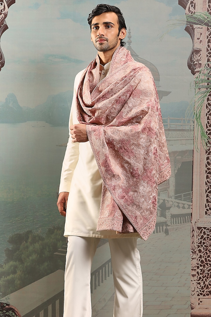 Blush Pink Silk Thread Embroidered Handwoven Stole by ASUKA