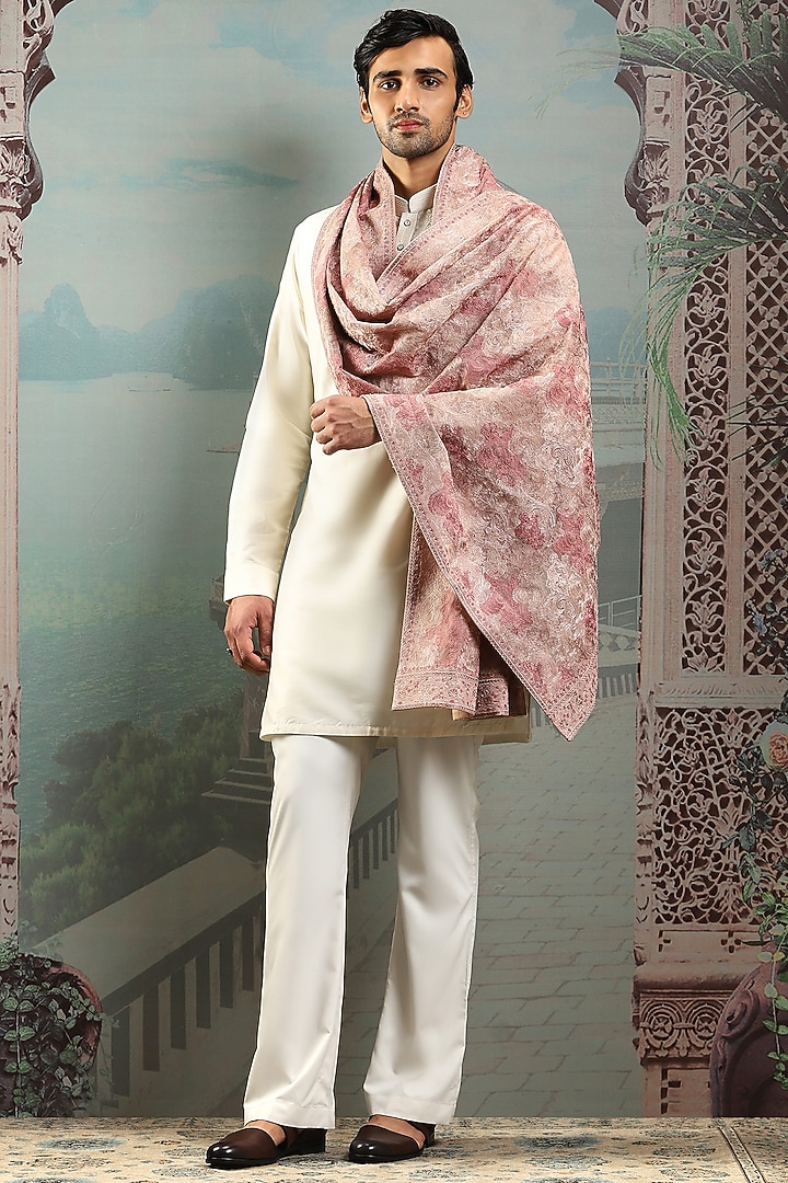 Blush Pink Silk Thread Embroidered Handwoven Stole by ASUKA at Pernia's Pop Up Shop