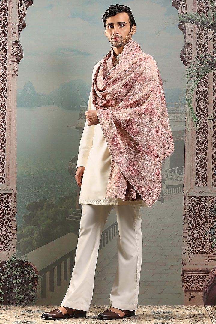 Blush Pink Silk Thread Embroidered Handwoven Stole by ASUKA at Pernia's Pop Up Shop