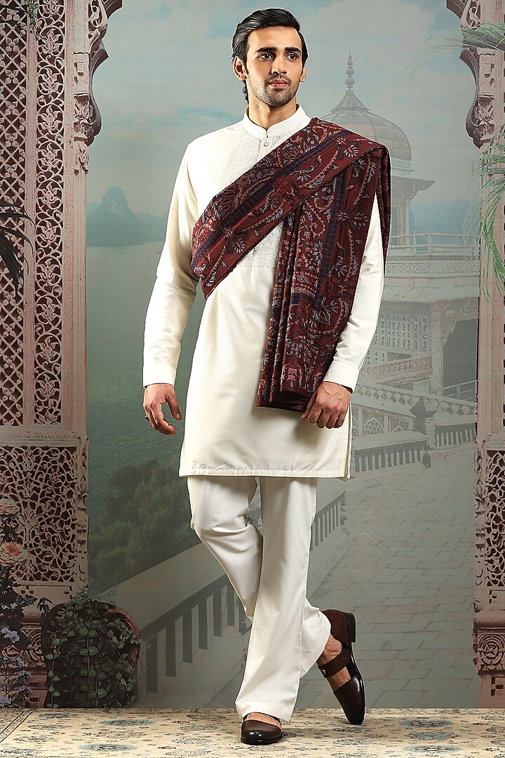 Deep Maroon Silk Floral Embroidered Stole by ASUKA at Pernia's Pop Up Shop