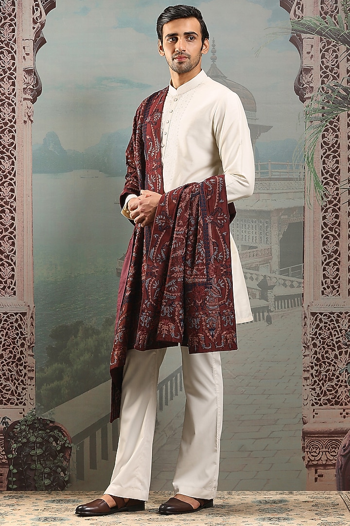 Deep Maroon Silk Floral Embroidered Stole by ASUKA at Pernia's Pop Up Shop