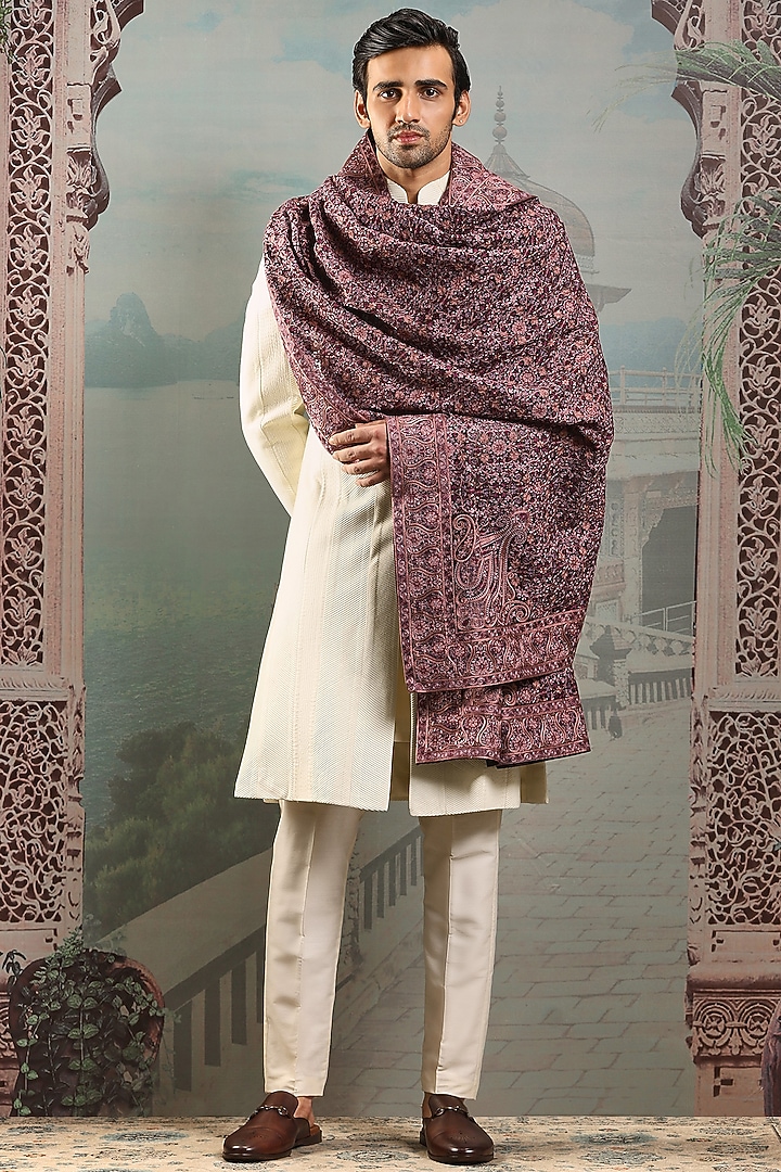 Plum Silk Floral Embroidered Stole by ASUKA at Pernia's Pop Up Shop
