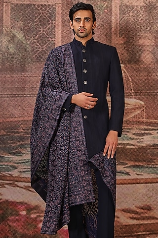 Midnight Blue Silk Embroidered Stole by ASUKA