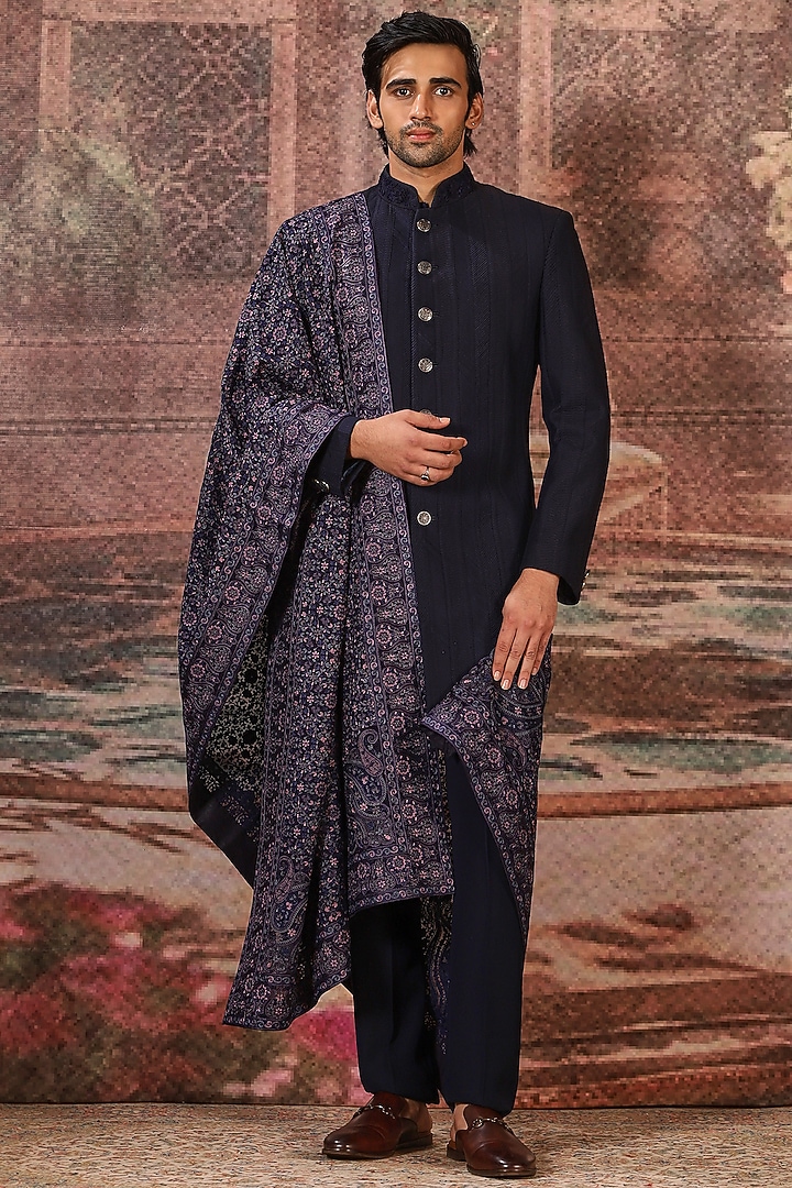Midnight Blue Silk Embroidered Stole by ASUKA at Pernia's Pop Up Shop