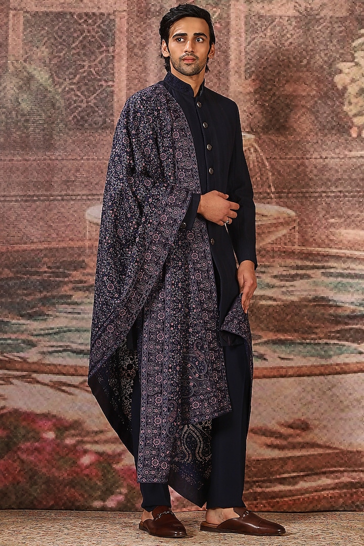 Midnight Blue Silk Embroidered Stole by ASUKA at Pernia's Pop Up Shop