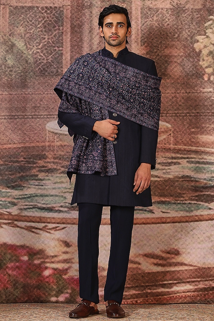 Midnight Blue Silk Embroidered Stole by ASUKA at Pernia's Pop Up Shop