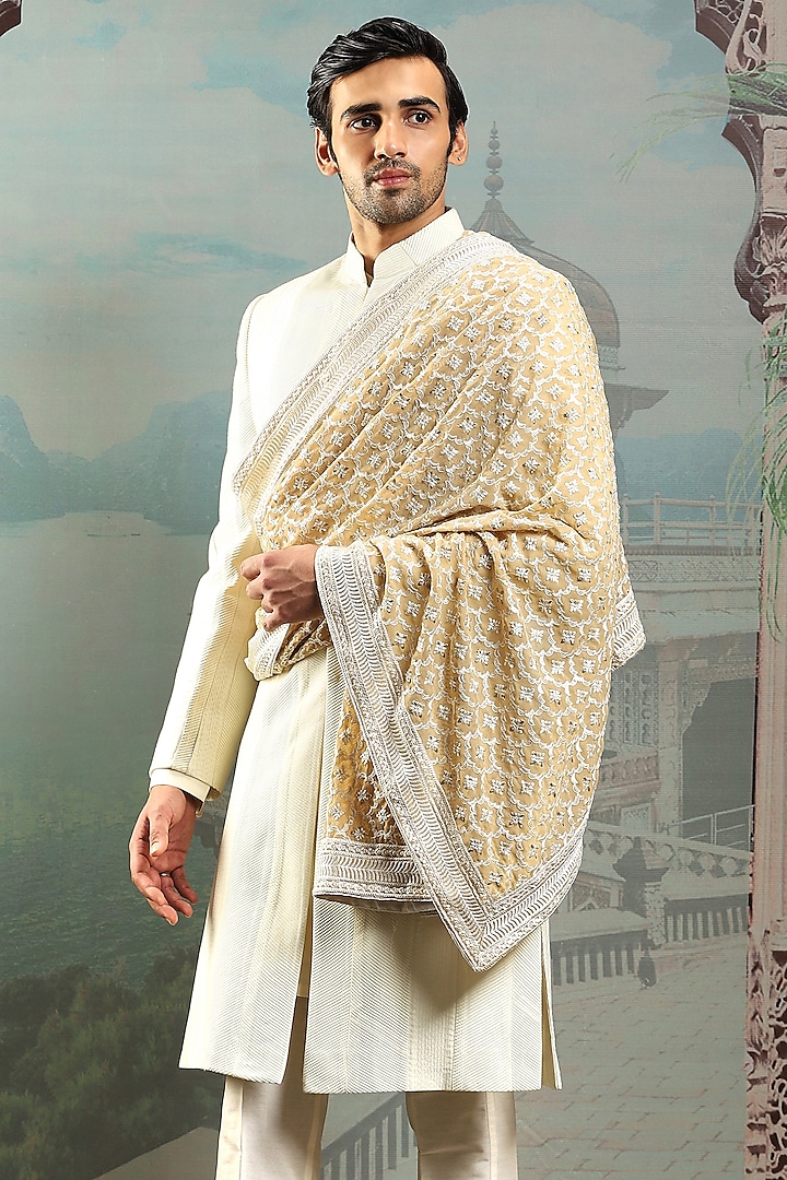 Ivory Silk Zardosi Embroidered Stole by ASUKA