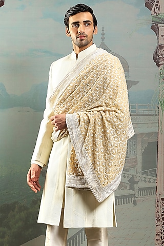 Ivory Silk Zardosi Embroidered Stole by ASUKA