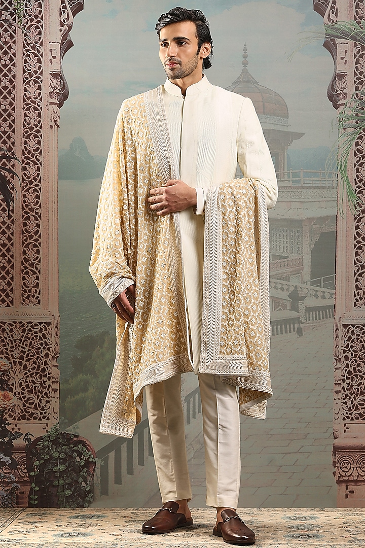 Ivory Silk Zardosi Embroidered Stole by ASUKA at Pernia's Pop Up Shop