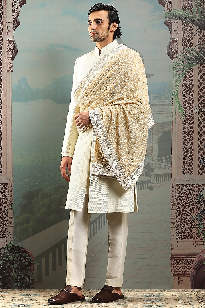 Ivory Silk Zardosi Embroidered Stole by ASUKA at Pernia's Pop Up Shop