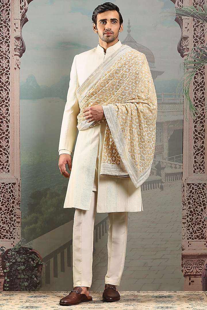 Ivory Silk Zardosi Embroidered Stole by ASUKA at Pernia's Pop Up Shop
