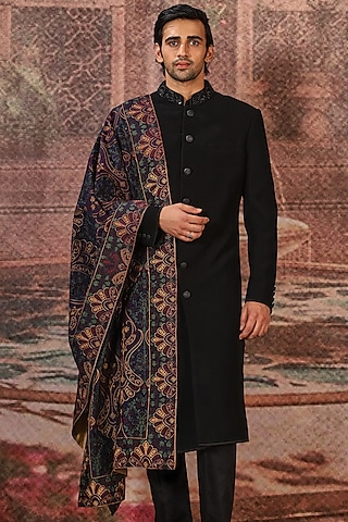 Navy Silk Embroidered Stole by ASUKA