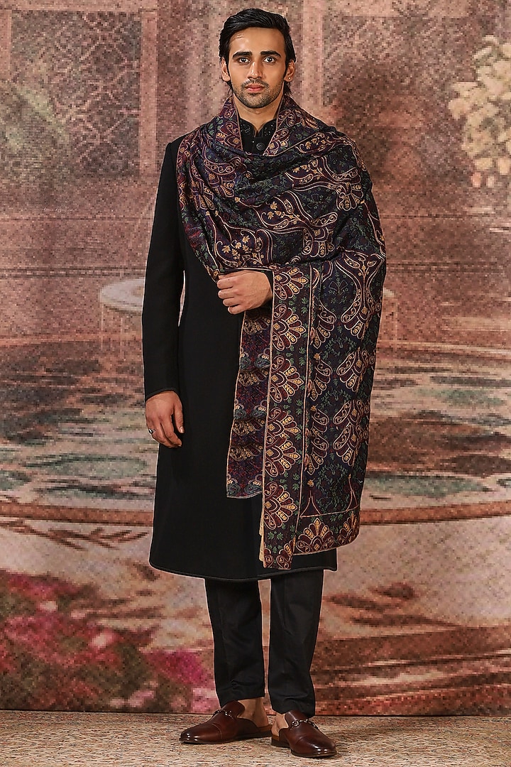 Navy Silk Embroidered Stole by ASUKA at Pernia's Pop Up Shop