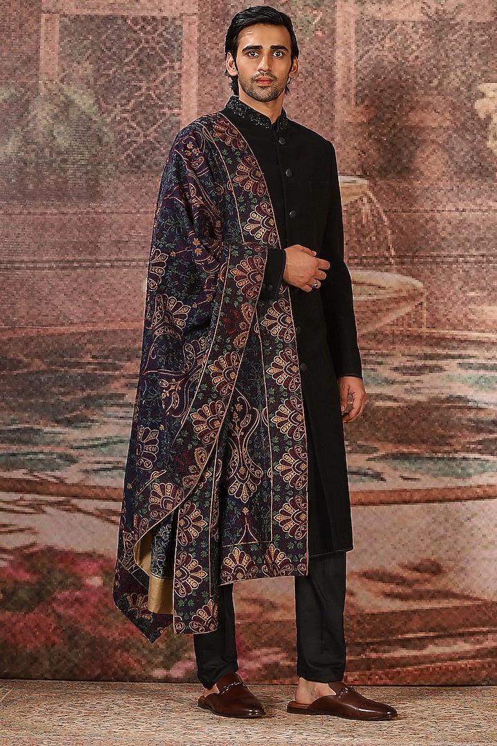 Navy Silk Embroidered Stole by ASUKA at Pernia's Pop Up Shop
