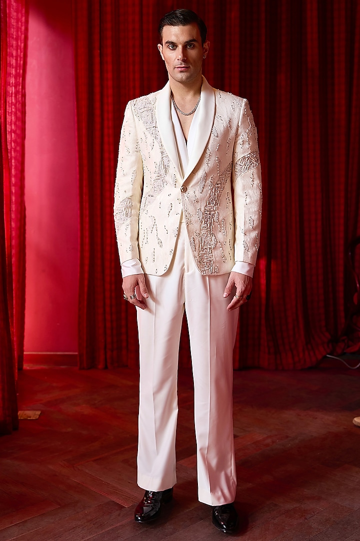 White Jacquard Cutdana Embellished Tuxedo Set by ASUKA