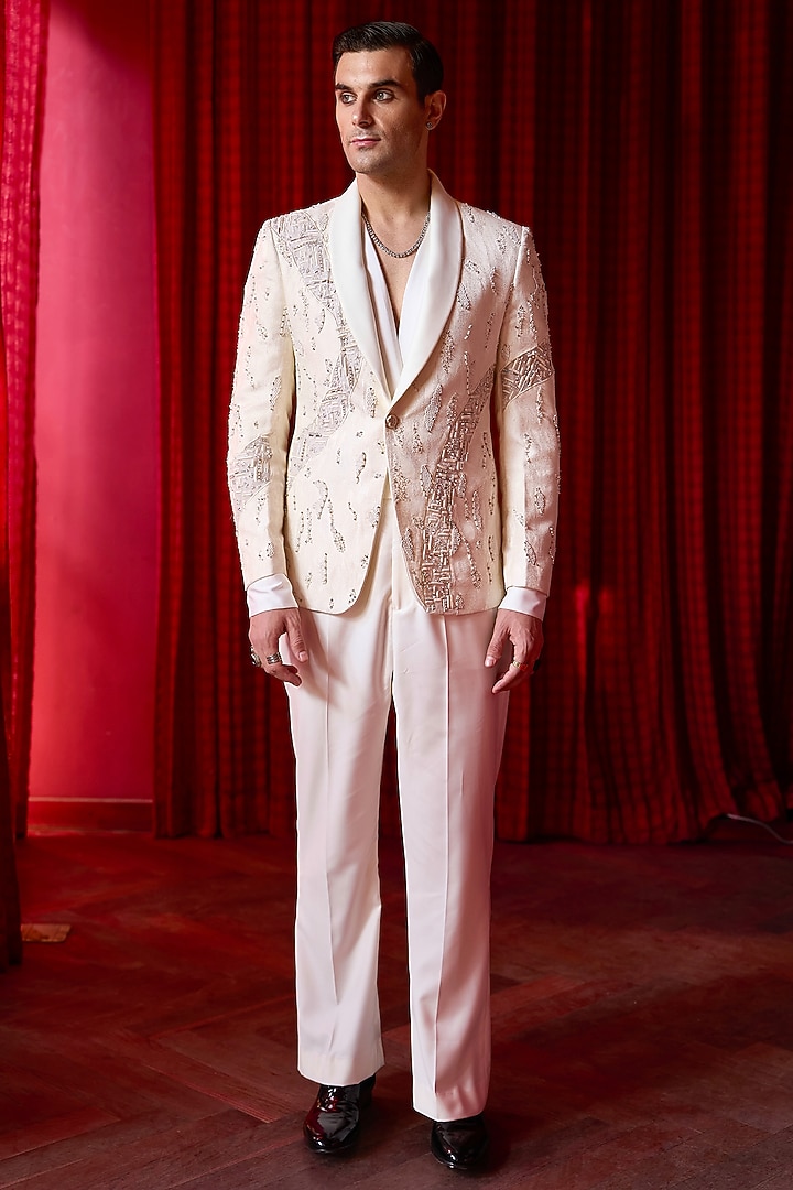 White Jacquard Cutdana Embellished Tuxedo Set by ASUKA at Pernia's Pop Up Shop