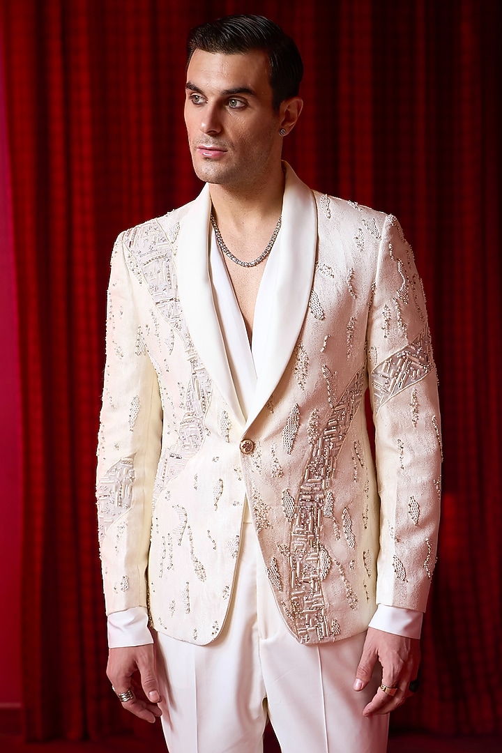 White Jacquard Cutdana Embellished Tuxedo Set by ASUKA at Pernia's Pop Up Shop