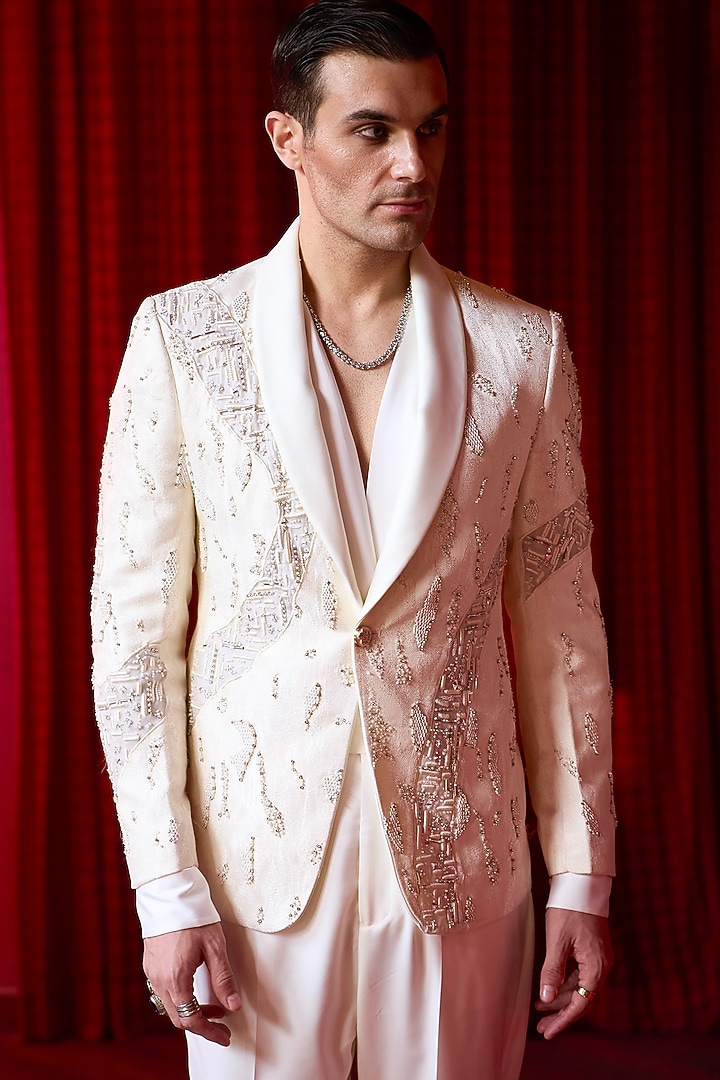 White Jacquard Cutdana Embellished Tuxedo Set by ASUKA at Pernia's Pop Up Shop