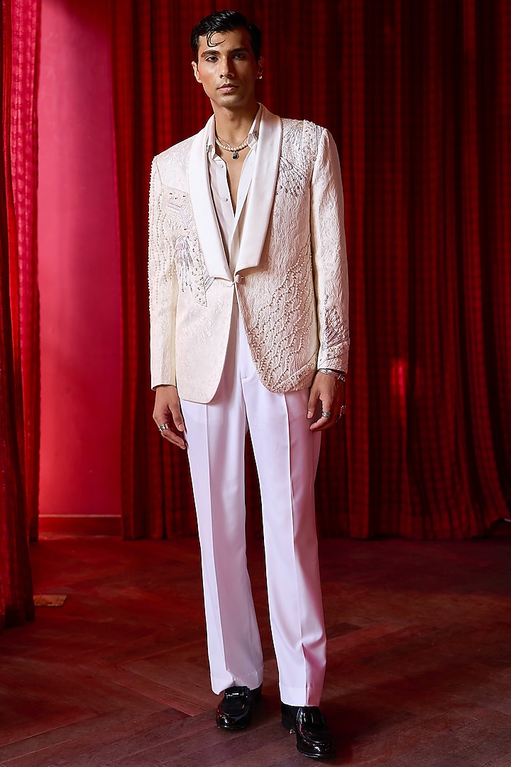 White Jacquard Resham Embroidered Tuxedo Set by ASUKA