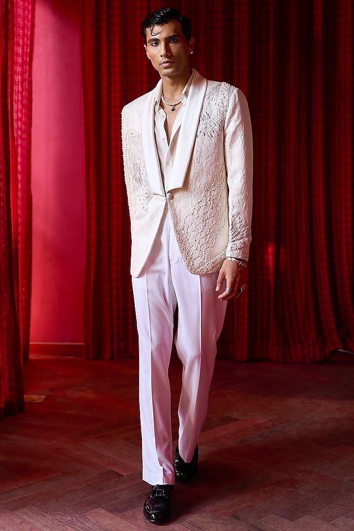 White Jacquard Resham Embroidered Tuxedo Set by ASUKA at Pernia's Pop Up Shop