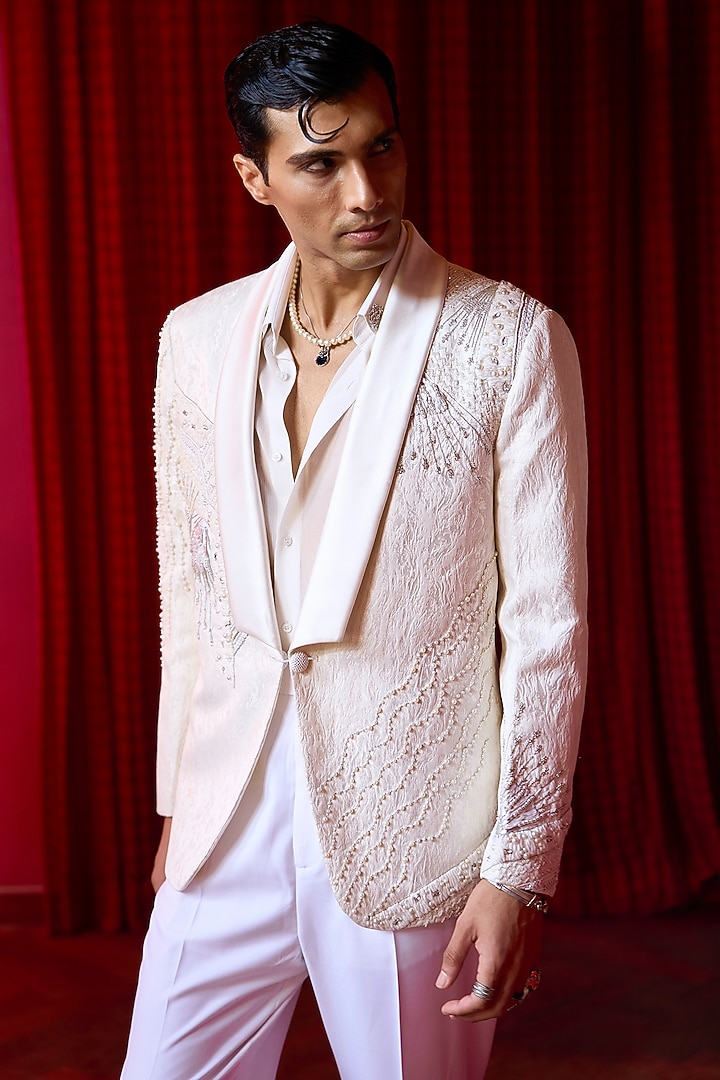 White Jacquard Resham Embroidered Tuxedo Set by ASUKA at Pernia's Pop Up Shop