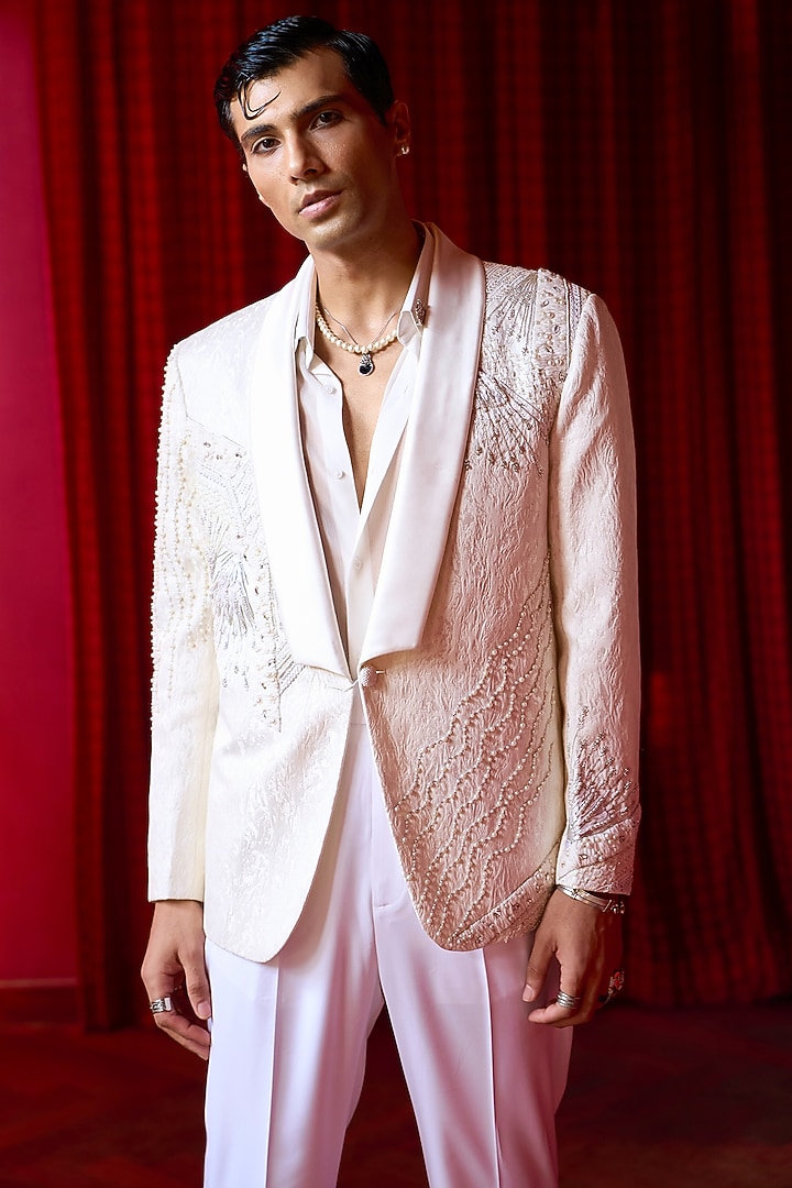 White Jacquard Resham Embroidered Tuxedo Set by ASUKA at Pernia's Pop Up Shop