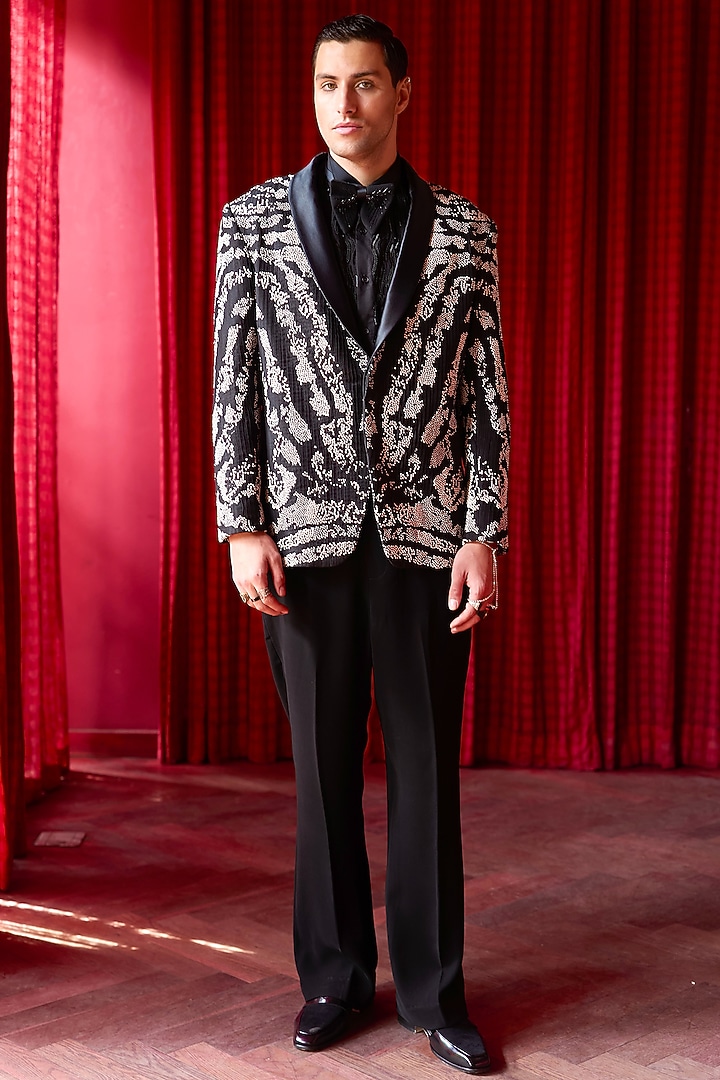 Black Silk Hand Embellished Tuxedo Set by ASUKA at Pernia's Pop Up Shop