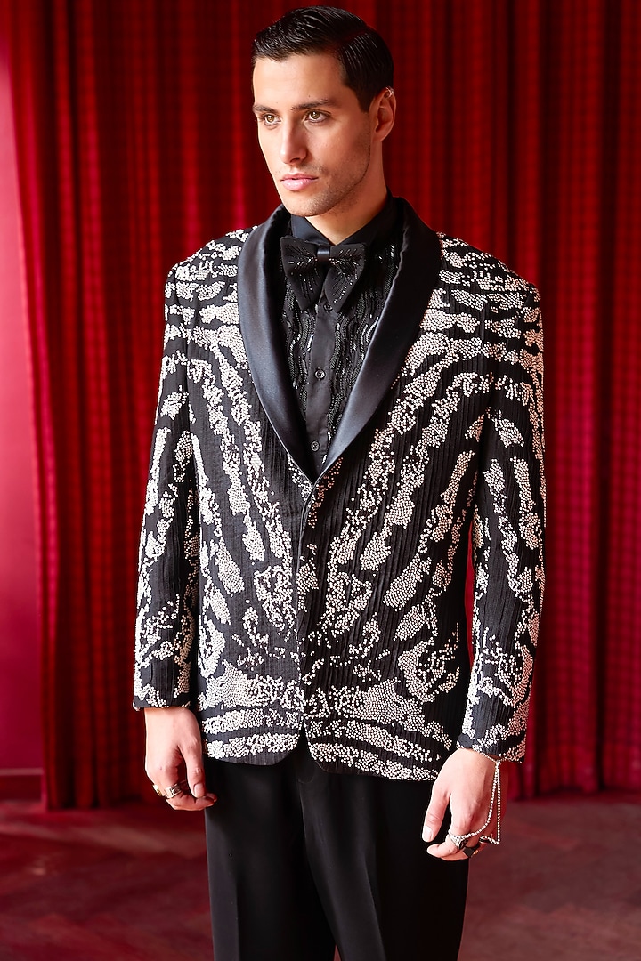 Black Silk Hand Embellished Tuxedo Set by ASUKA at Pernia's Pop Up Shop