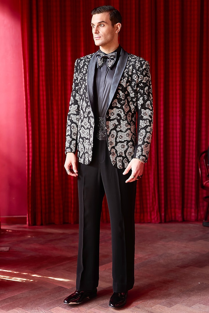 Black Lachka Fabric Abstract Embroidered Tuxedo Set by ASUKA at Pernia's Pop Up Shop