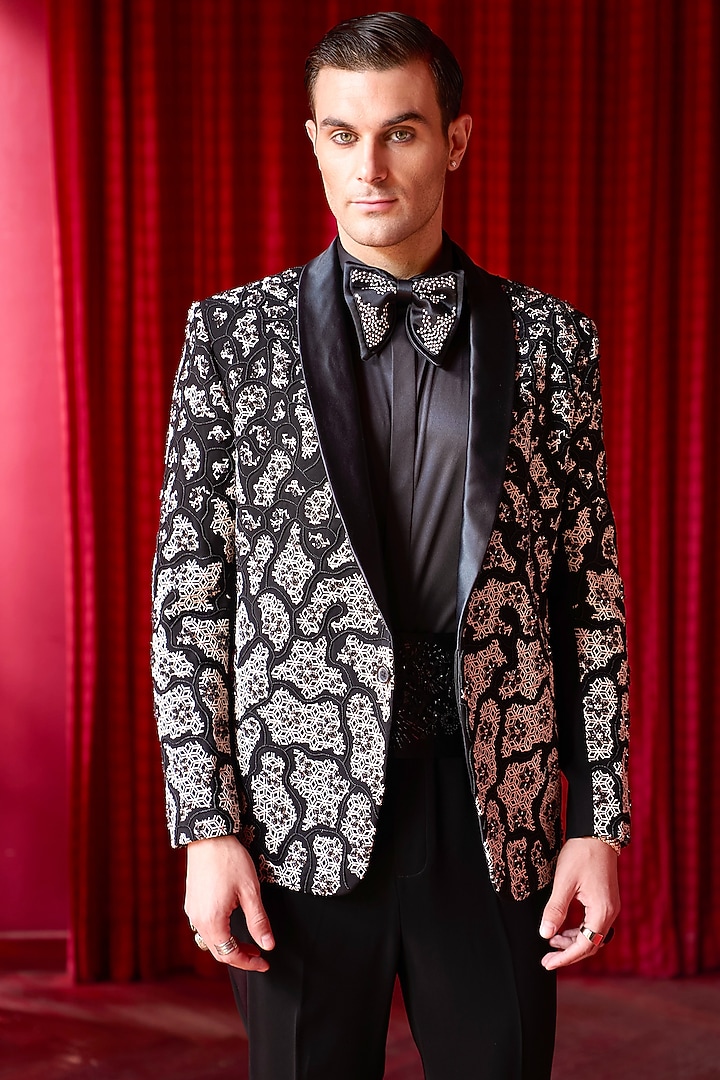 Black Lachka Fabric Abstract Embroidered Tuxedo Set by ASUKA at Pernia's Pop Up Shop