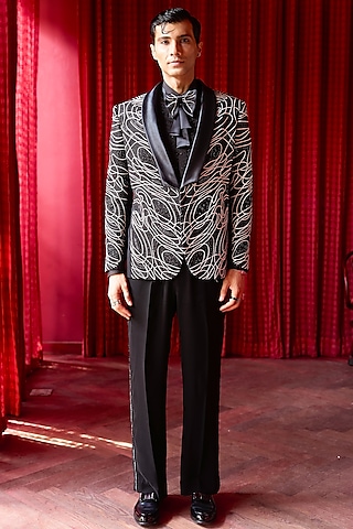 Black Lachka Fabric Abstract Embroidered Tuxedo Set by ASUKA