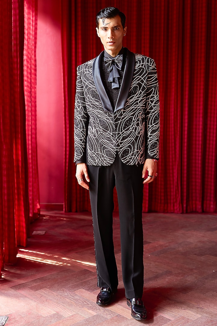 Black Lachka Fabric Abstract Embroidered Tuxedo Set by ASUKA at Pernia's Pop Up Shop