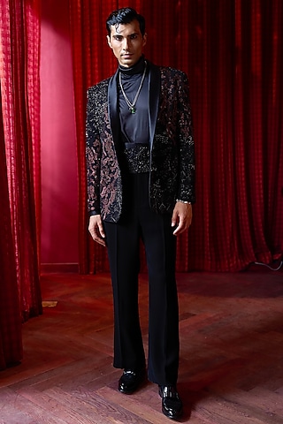 Black Lachka Fabric Embroidered Tuxedo Set by ASUKA
