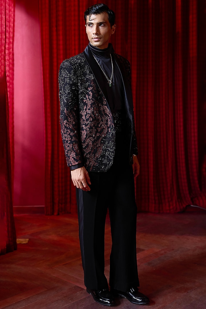 Black Lachka Fabric Embroidered Tuxedo Set by ASUKA at Pernia's Pop Up Shop